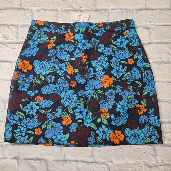 NWT Loft Pencil Skirt Forest Blooms Blue Black Orange Floral Woven Lined size 8 - Picture 1 of 10